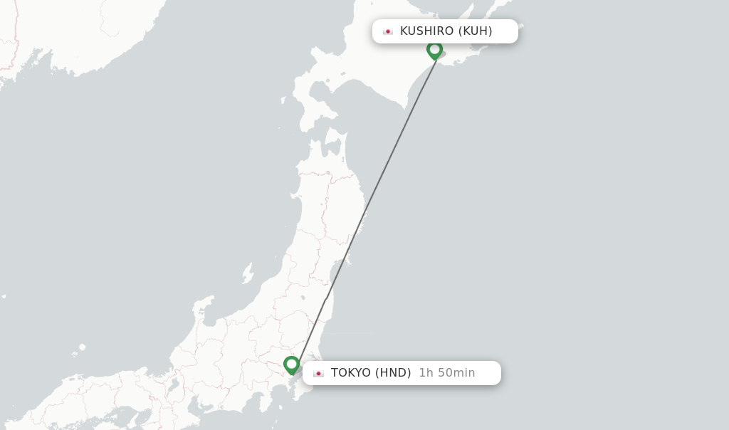 Flights from Kushiro to Tokyo route map