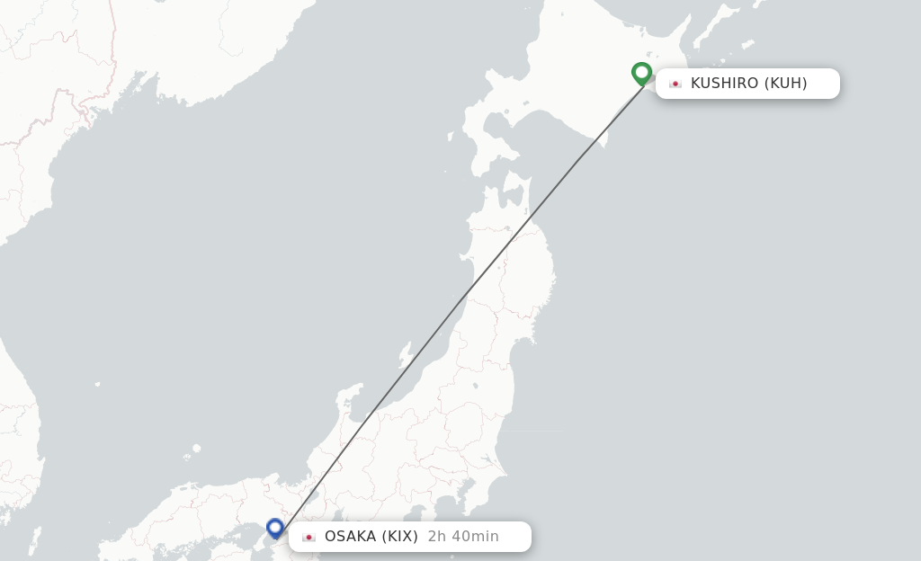 Flights from Kushiro to Osaka route map