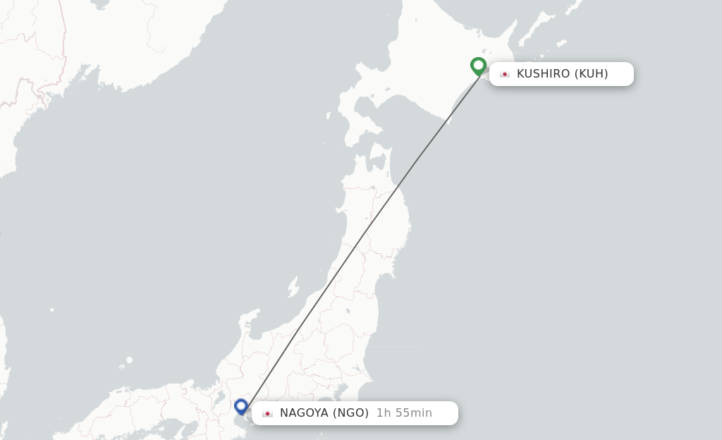 Flights from Kushiro to Nagoya route map