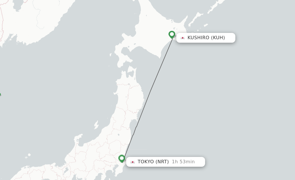 Flights from Kushiro to Tokyo route map