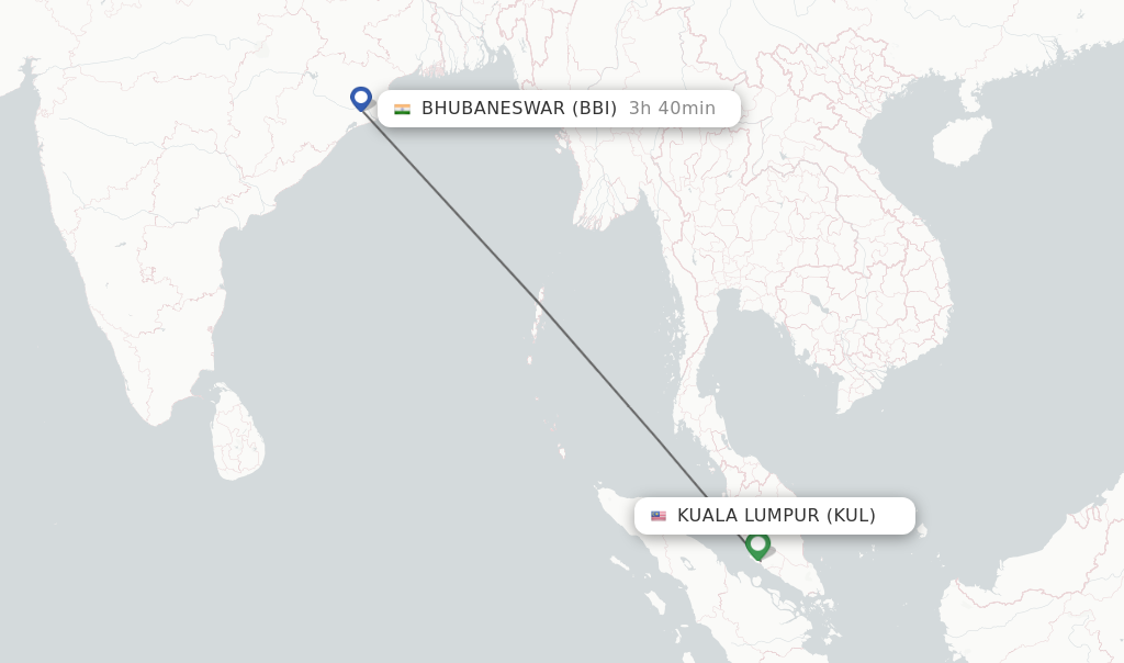 Flights from Kuala Lumpur to Bhubaneswar route map
