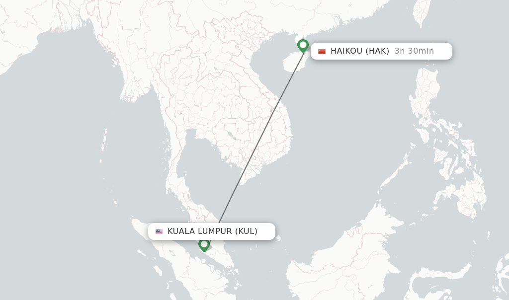 Flights from Kuala Lumpur to Haikou route map