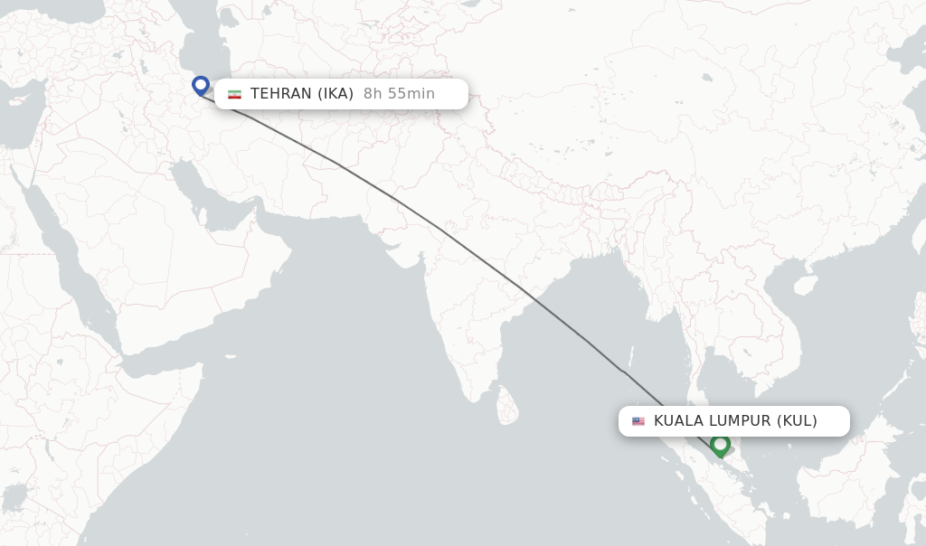 Flights from Kuala Lumpur to Tehran route map