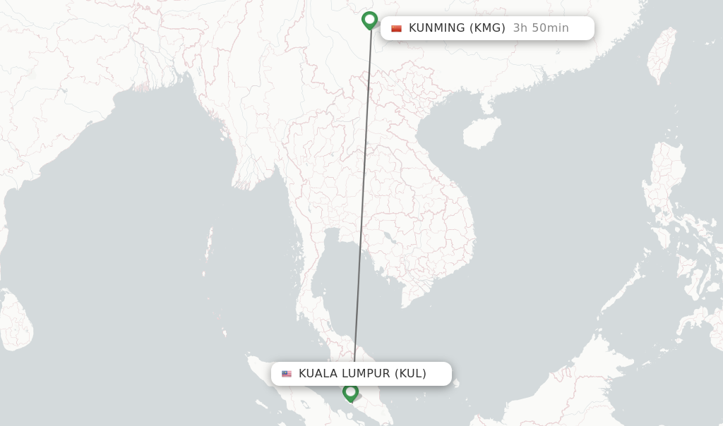 Flights from Kuala Lumpur to Kunming route map