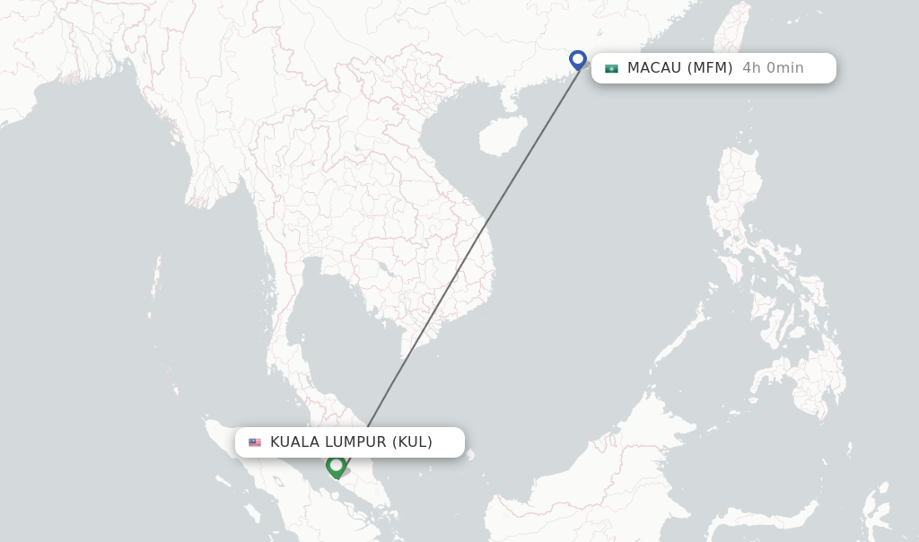 Flights from Kuala Lumpur to Macau route map