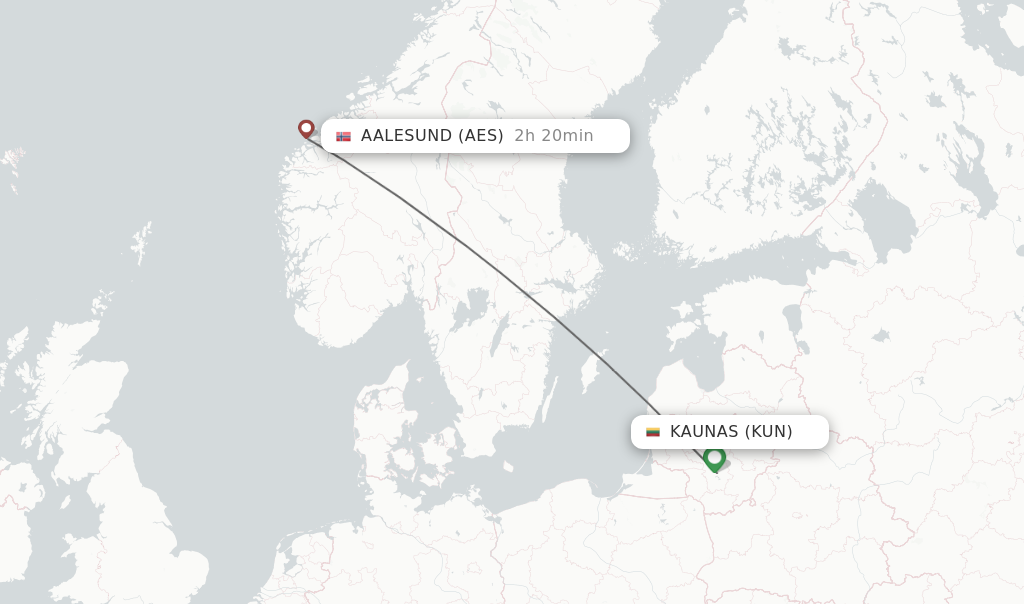 Flights from Kaunas to Aalesund route map