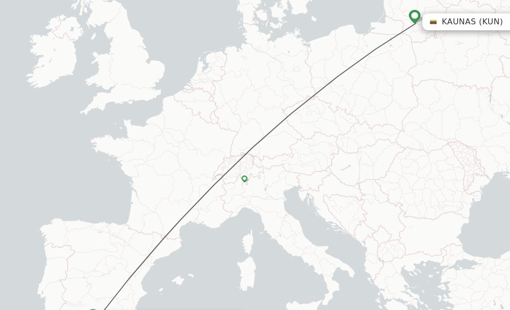 Flights from Kaunas to Malaga route map