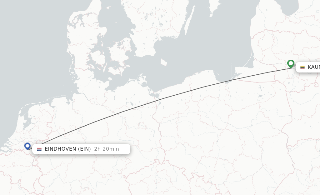 Flights from Kaunas to Eindhoven route map