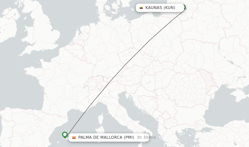 Flights from Kaunas to Palma de Mallorca route map