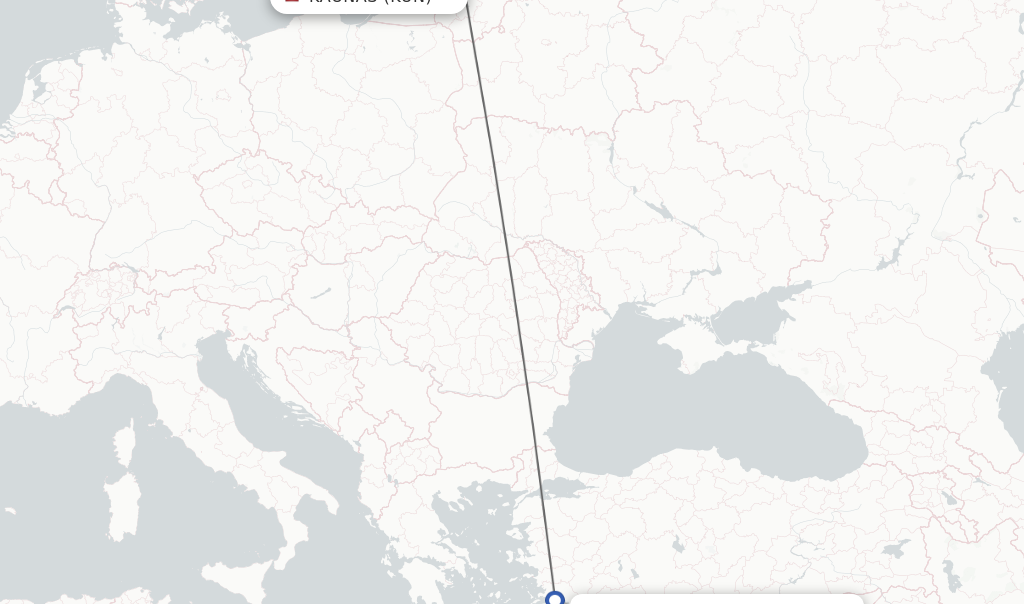 Flights from Kaunas to Rhodes route map