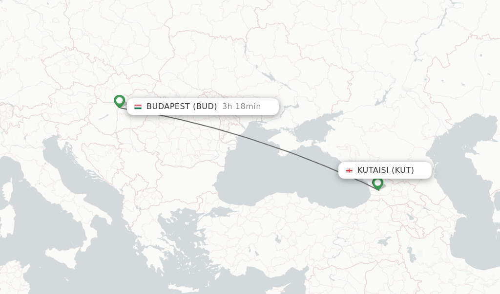 Flights from Kutaisi to Budapest route map