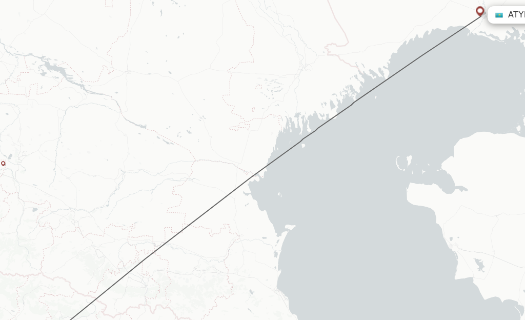 Flights from Kutaisi to Atyrau route map