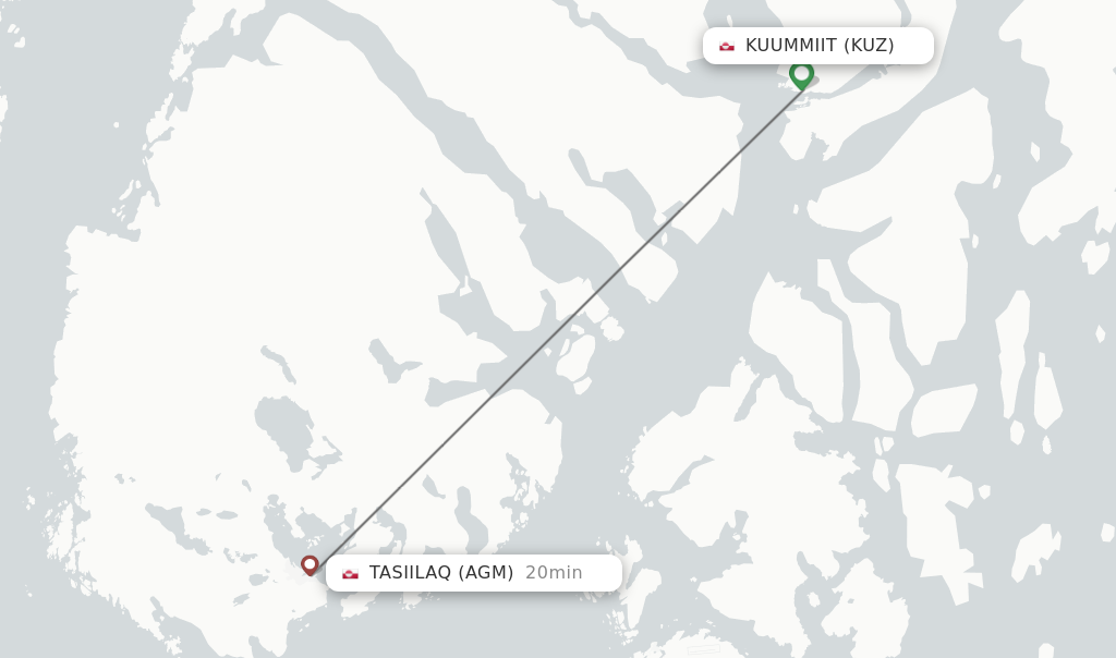 Flights from Kuummiit to Tasiilaq route map