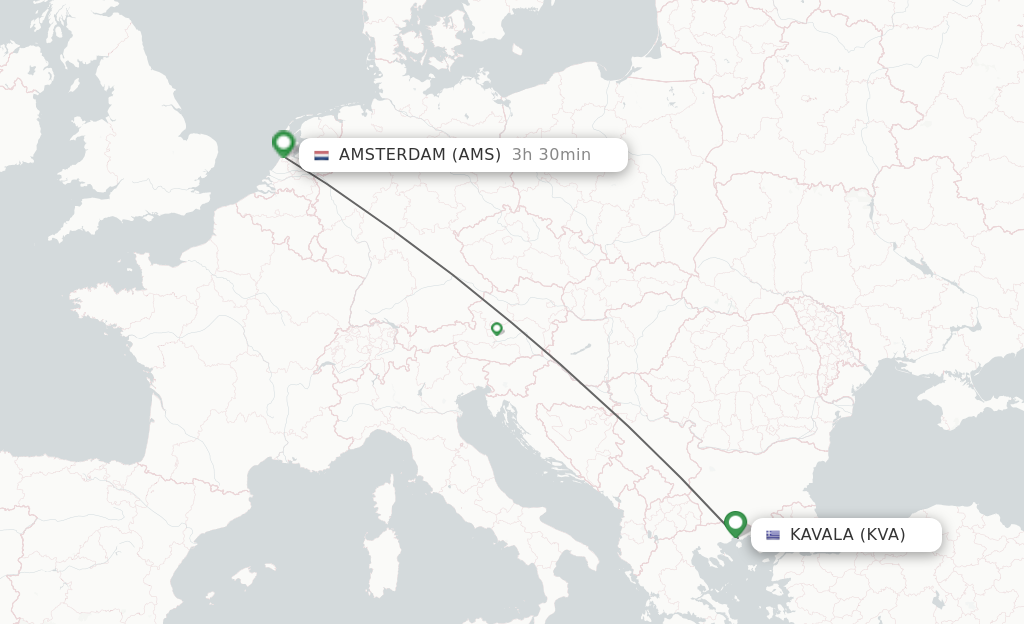 Flights from Kavala to Amsterdam route map
