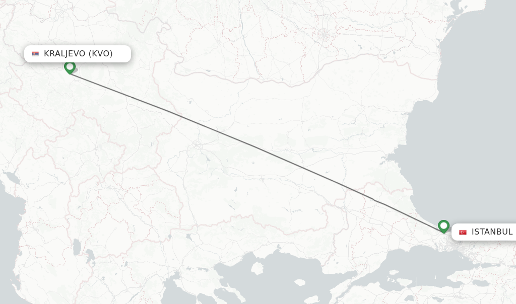 Flights from Kraljevo to Istanbul route map