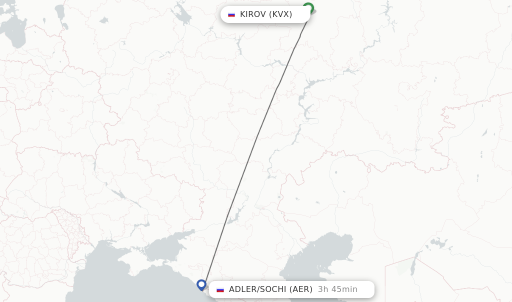 Flights from Kirov to Adler/Sochi route map