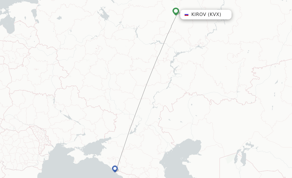 Route map with flights from Kirov with Nordwind Airlines