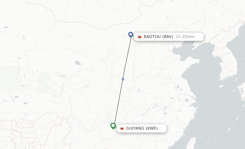 Flights from Guiyang to Baotou route map