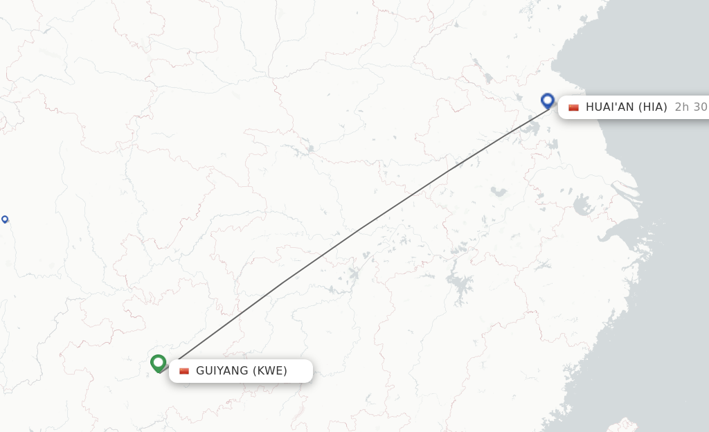 Flights from Guiyang to Huai'an route map