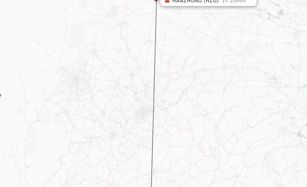 Flights from Guiyang to Hanzhong route map