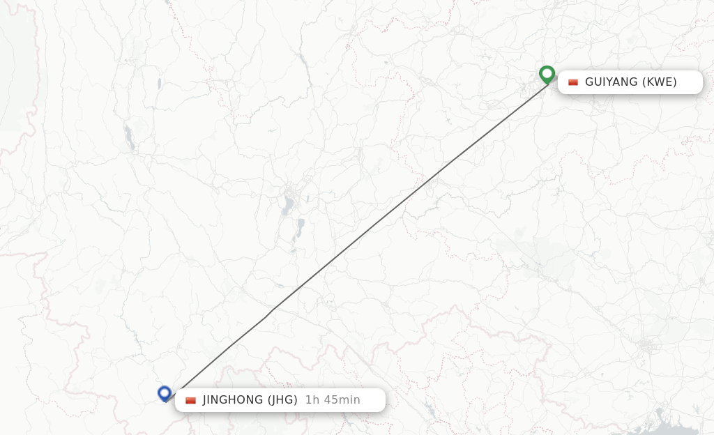 Flights from Guiyang to Jinghong route map