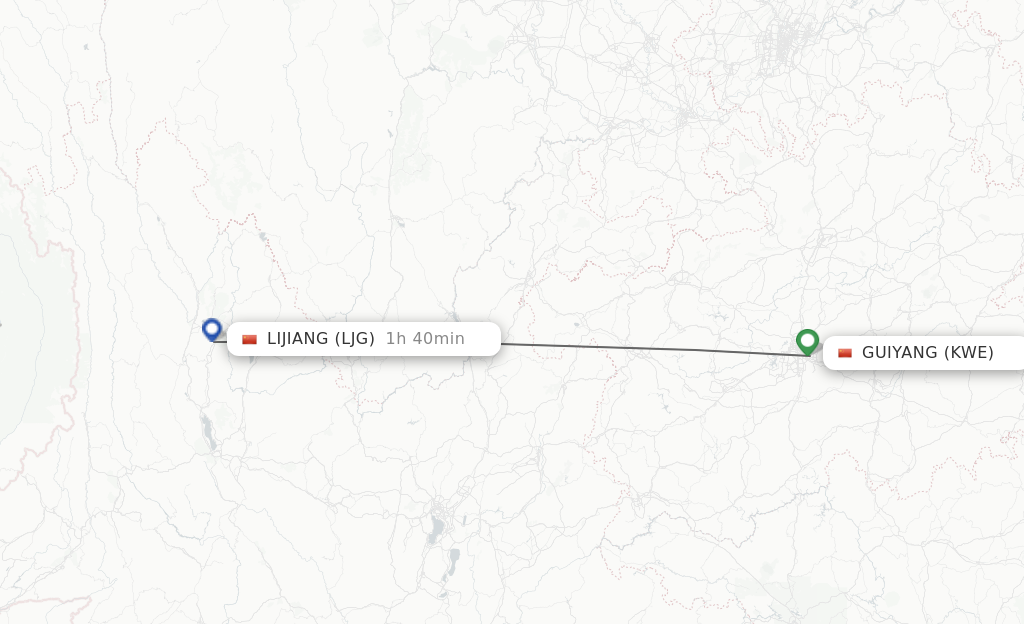 Flights from Guiyang to Lijiang route map