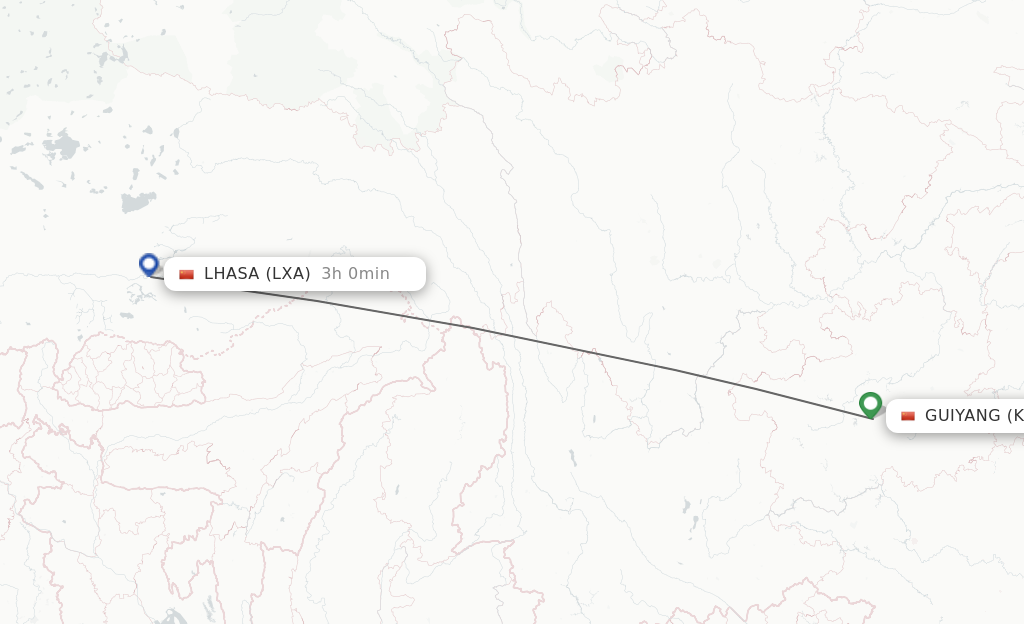 Flights from Guiyang to Lhasa/Lasa route map