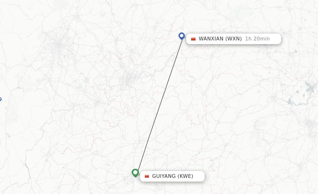 Flights from Guiyang to Wanxian route map