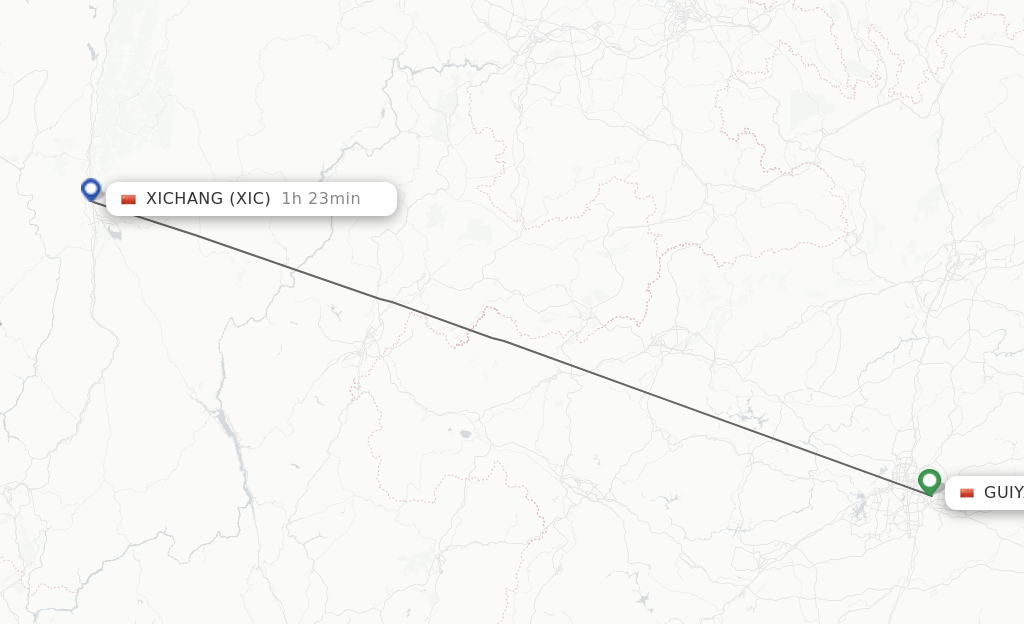 Flights from Guiyang to Xichang route map