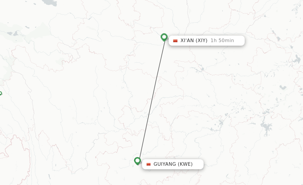 Flights from Guiyang to Xian route map
