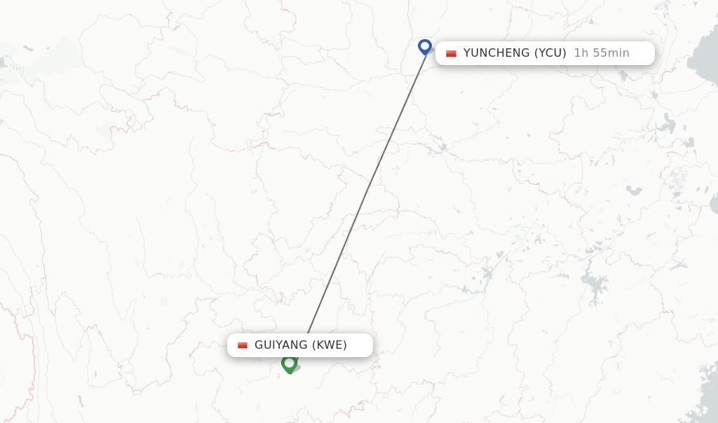 Flights from Guiyang to Yuncheng route map