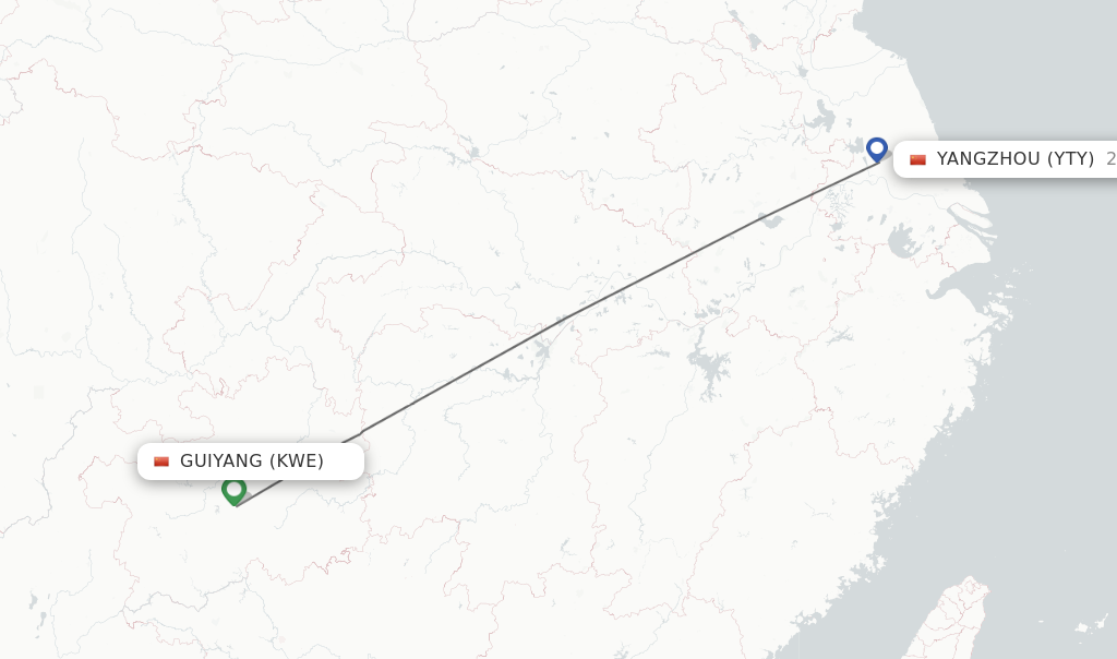 Flights from Guiyang to Yangzhou route map