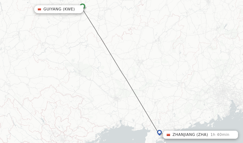 Flights from Guiyang to Zhanjiang route map