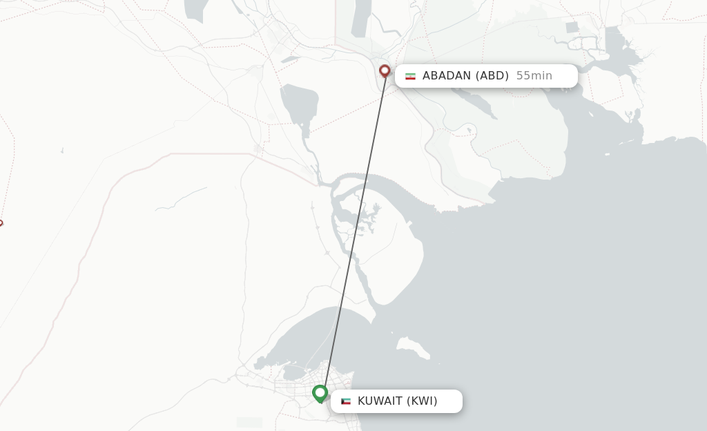 Flights from Kuwait to Abadan route map