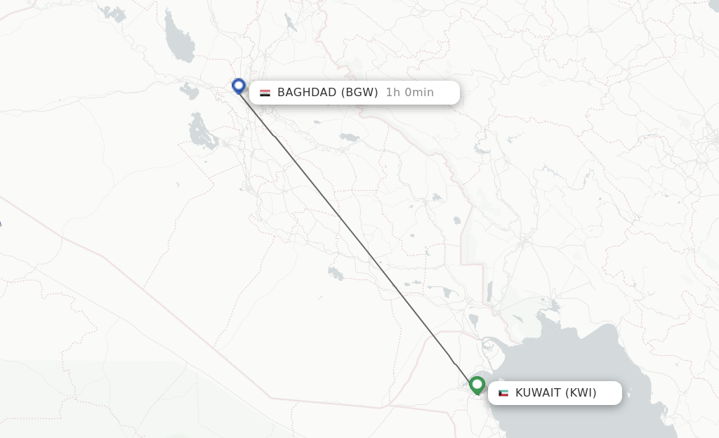 Flights from Baghdad to Kuwait route map