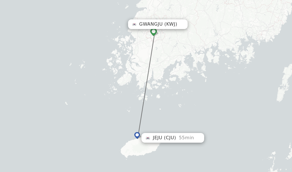 Flights from Gwangju to Jeju route map