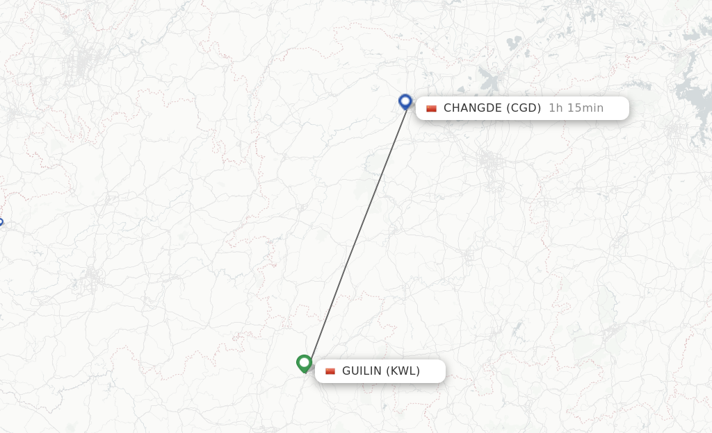 Flights from Guilin to Changde route map