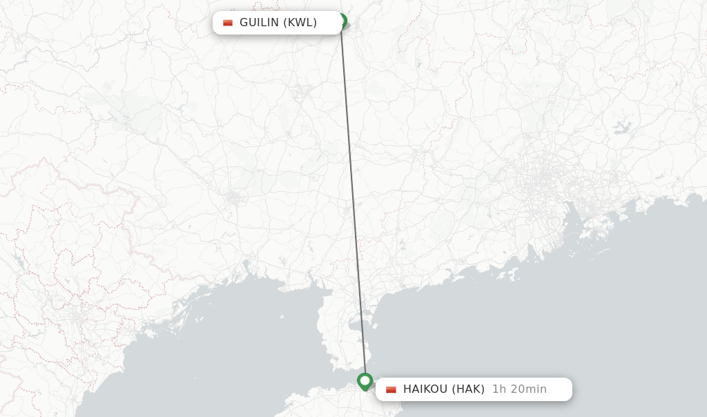 Flights from Guilin to Haikou route map