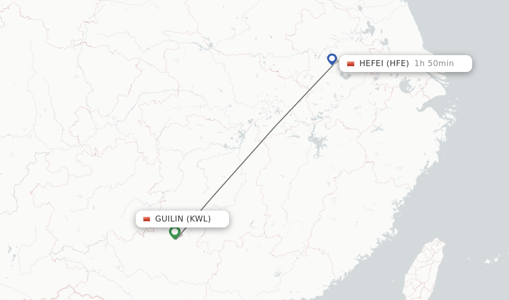 Flights from Guilin to Hefei route map