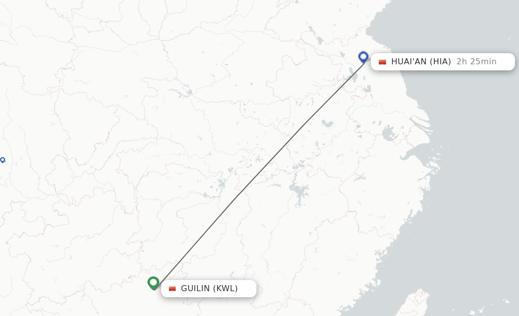 Flights from Guilin to Huai'an route map