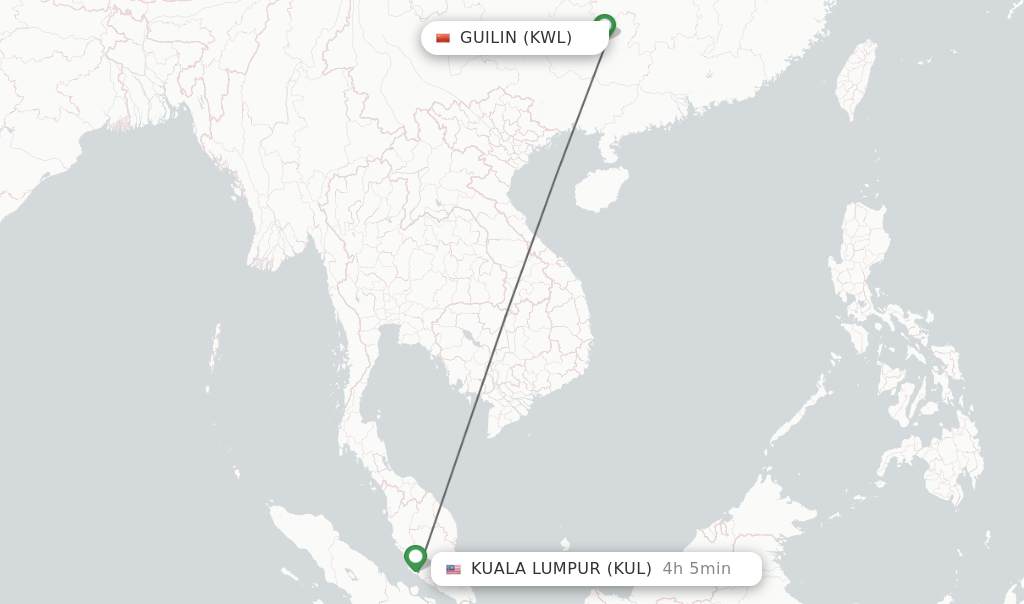 Flights from Guilin to Kuala Lumpur route map
