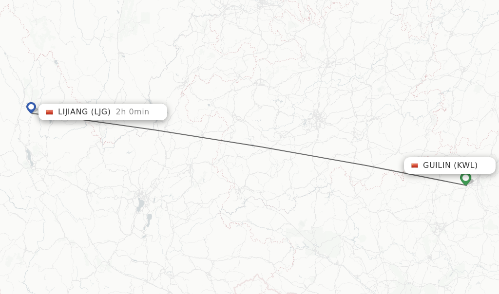 Flights from Guilin to Lijiang route map