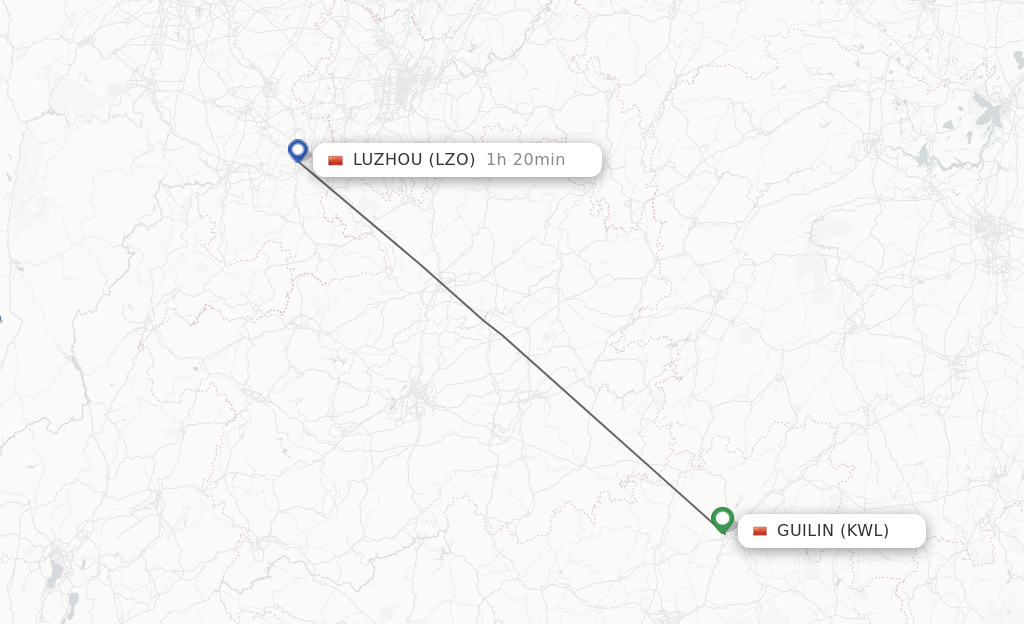 Flights from Guilin to Luzhou route map