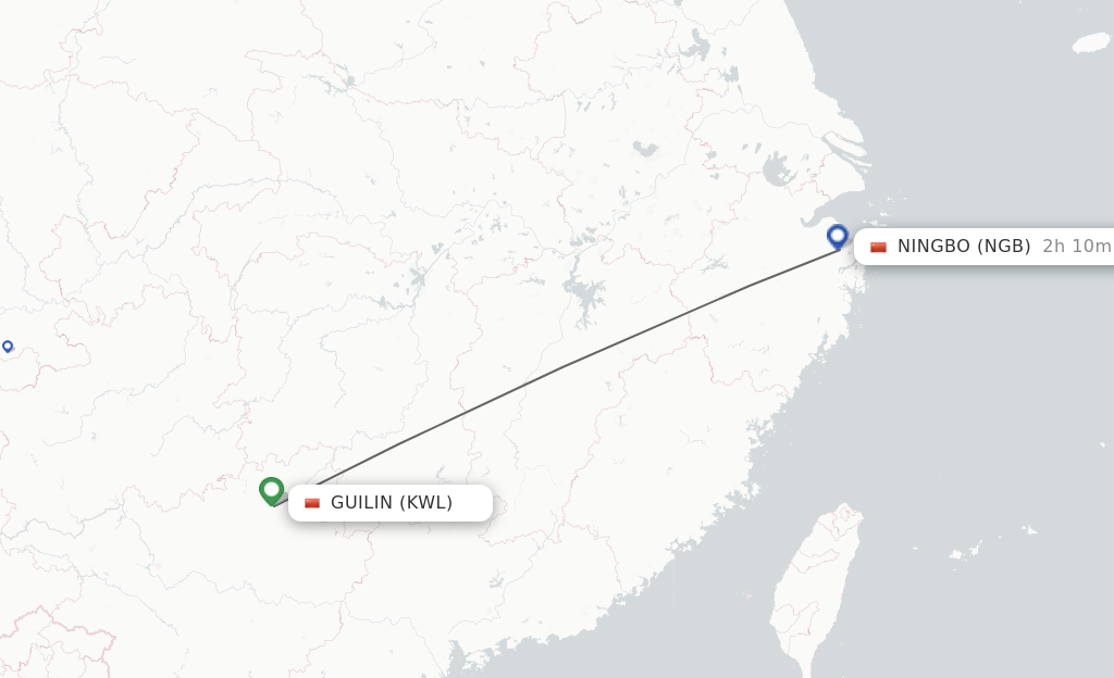 Flights from Guilin to Ningbo route map