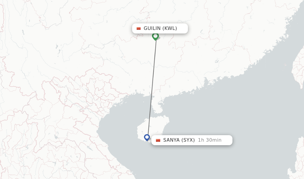 Flights from Guilin to Sanya route map