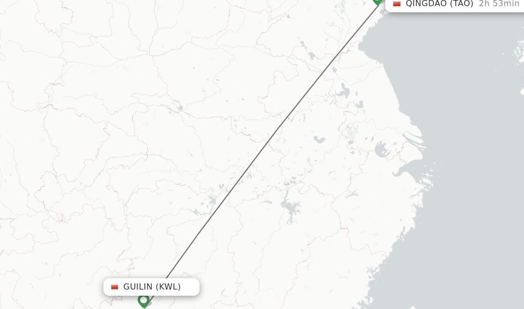 Flights from Guilin to Qingdao route map