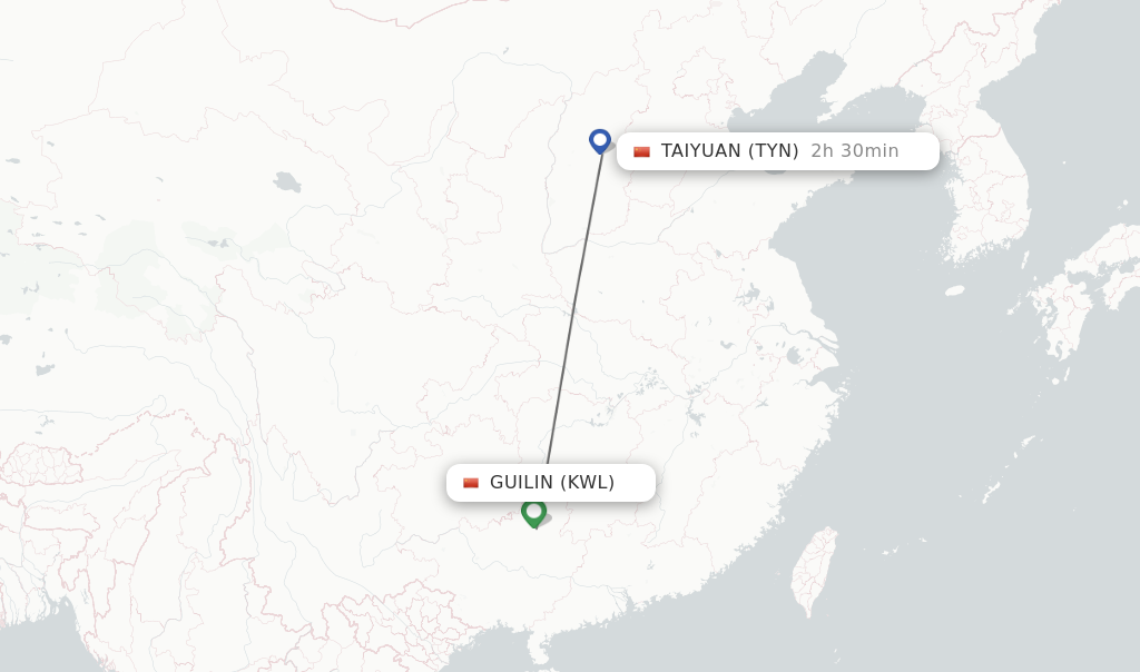 Flights from Guilin to Taiyuan route map