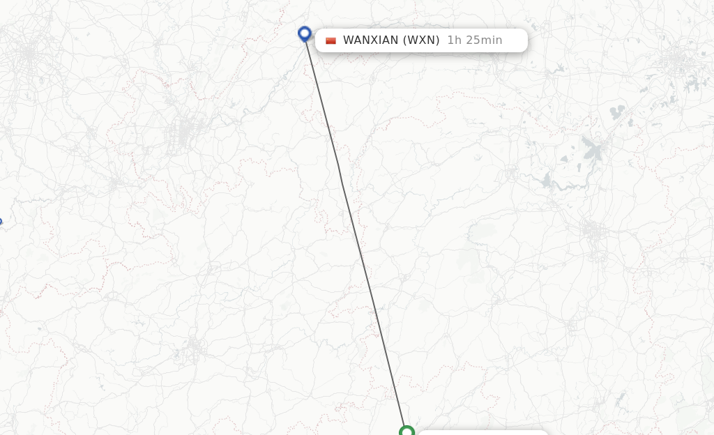 Flights from Guilin to Wanxian route map