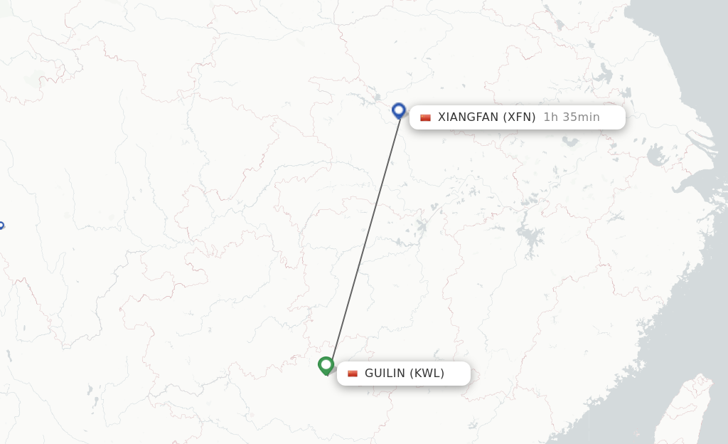 Flights from Guilin to Xiangyang route map