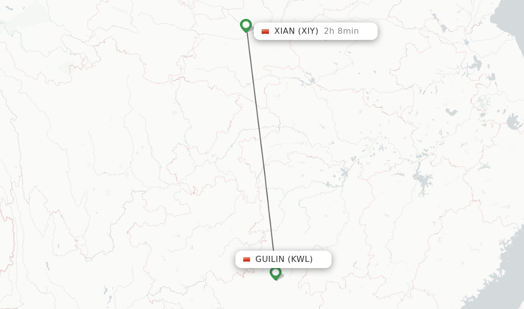 Flights from Guilin to Xian route map